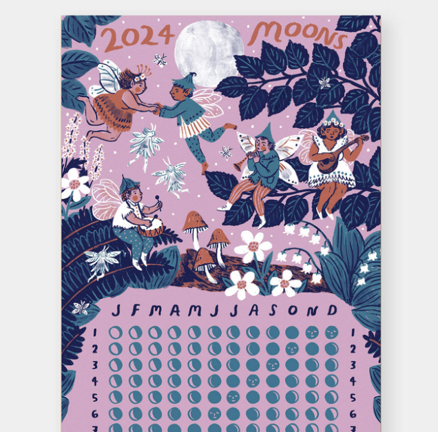 Close up of the illustration of fairies frolicking under the moonlight at the top of the 2024 Moon Calendar. 