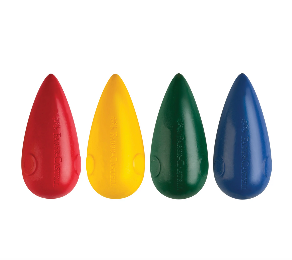 4 easy grasp bulb crayons- red, blue, freen, and yellow- on a white background.