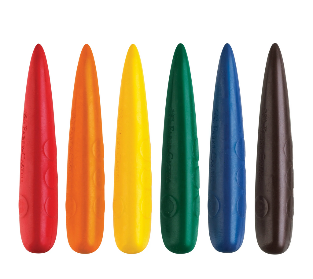 6 easy grip finger crayons- red, orange, yellow, green, blue, and black-on a white background.