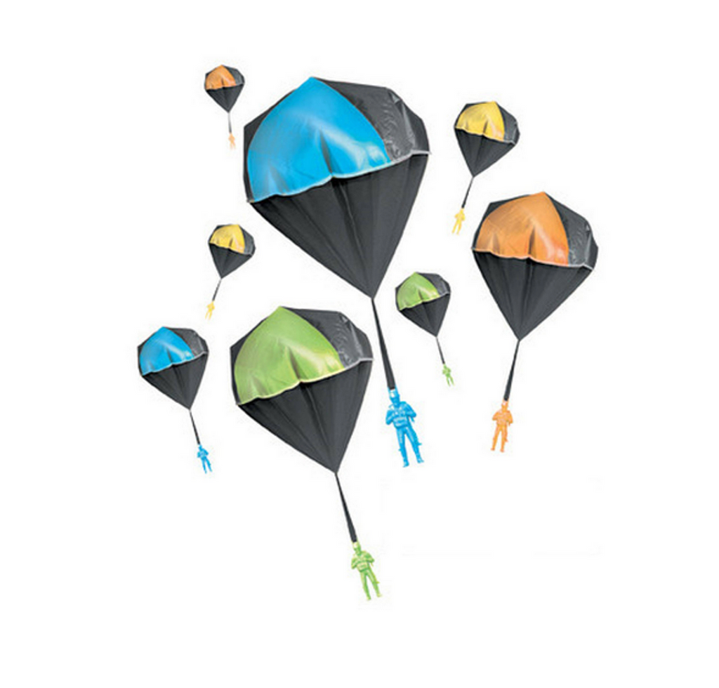 Assorted colors of the Aeromax 2000 parachute jumpers floating down with their parachutes open.