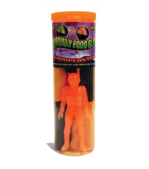 An orange Aeromax 2000 Parachute jumper in the clear plastic tube it is packaged in.