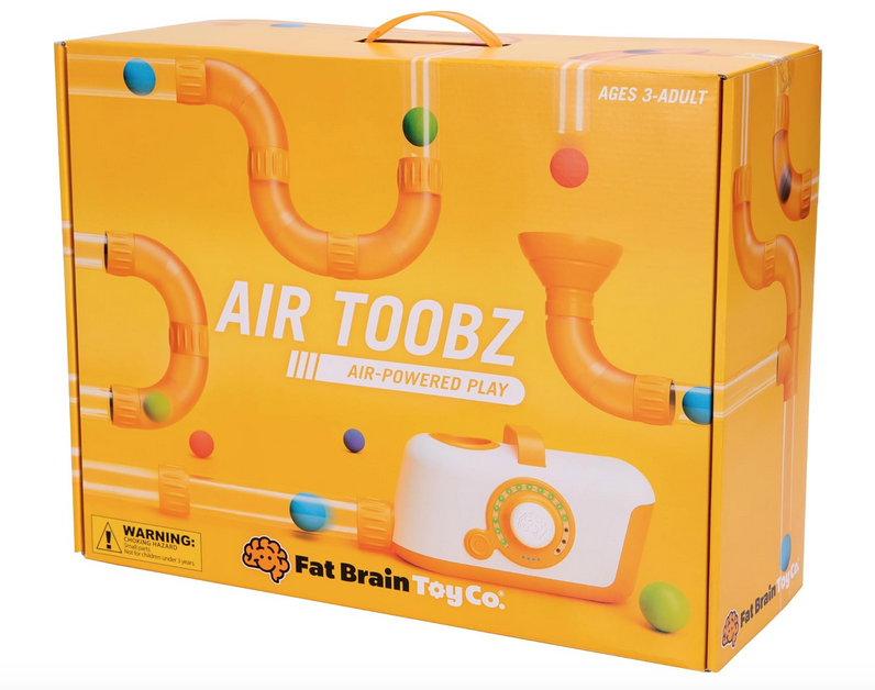 Yellow colored box with a picture of Air Toobz connected together, hooked to the air turbine and multicolored foam balls moving through the toy.