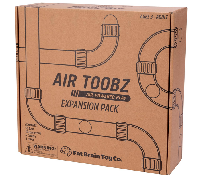 Cardboard box with black graphics of the Air Toobz pieces included in the expansion pack.