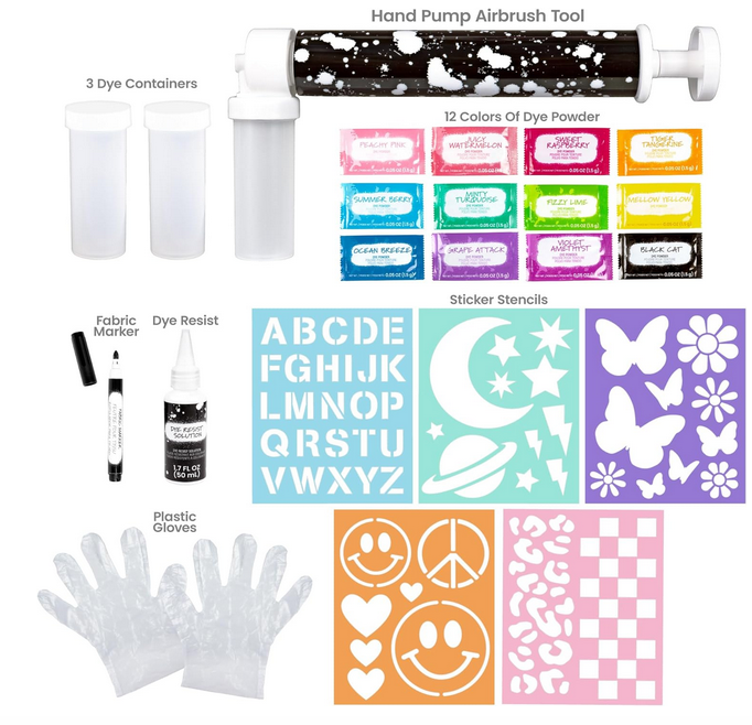 All the supplies included with the Air Brush Design kit. Hand pump air brush tool, dye powders, stencils, fabric marker, dye resist, containers and gloves. 