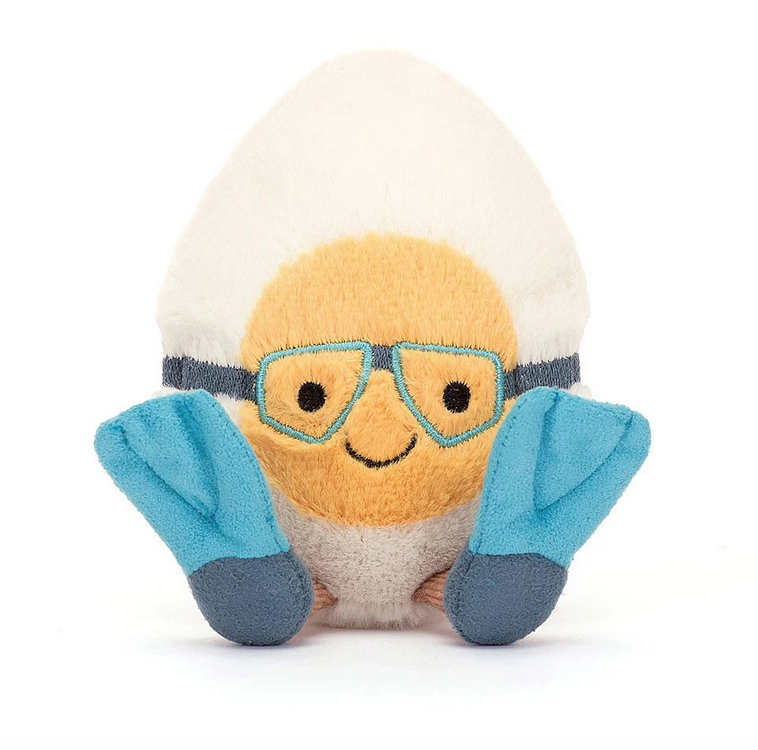 Plush Boiled Egg with goggles and flippers.