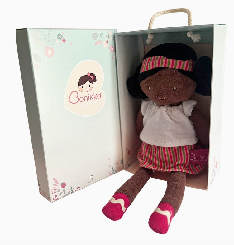 Plush Amy Doll sitting inside the gift box with handle she comes packaged  in.