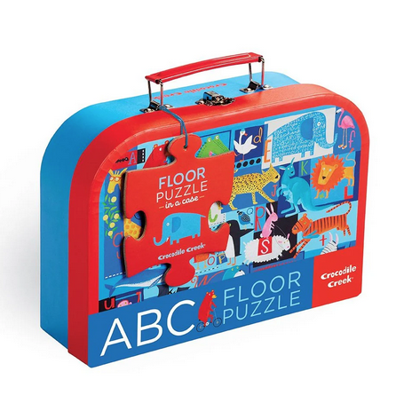 ABC Floor Puzzle storage case with red  cover and handle with illustration of the completed puzzle.