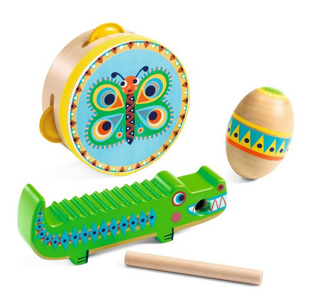 The butterfly tambourine, egg maraca, and crocodile guiro included with the Animambo music set. 
