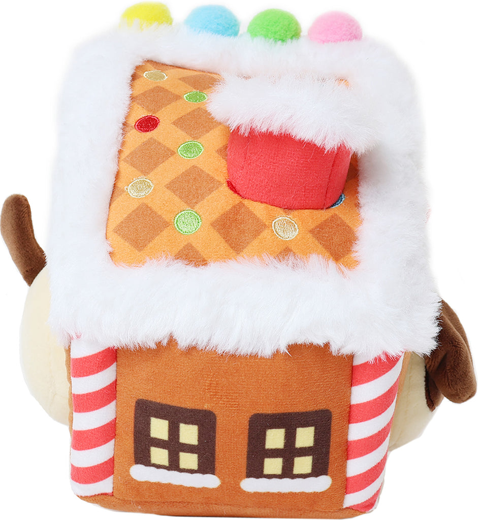 Side view of plush Gingerbread house with Anirollz Puppiroll inside.