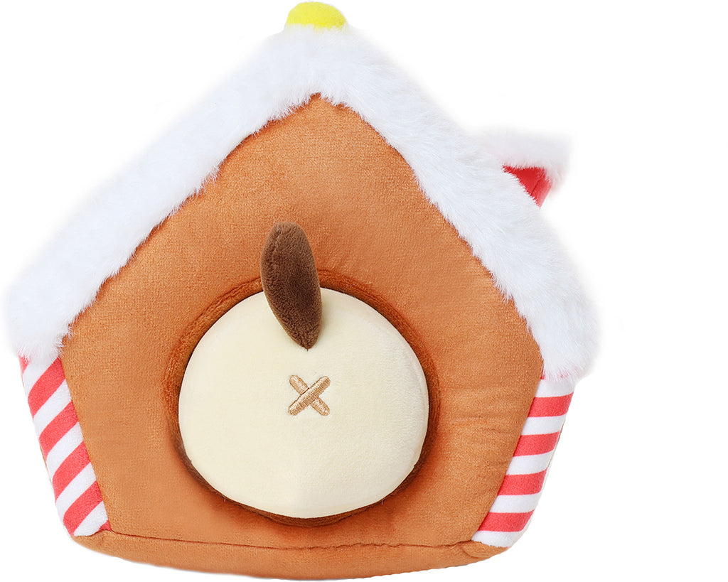 Back view of plush Gingerbread house with Puppiroll inside.