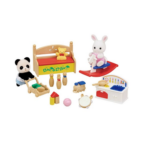 Pookie Panda Baby Roy and Snow Rabbit Baby Sophie are soft, flocked friends included in the Baby's Toy Box set. Set includes pretend play kitchen with saucepan, push toy, building blocks, bowling pins, rocking horse, ball, train, and tambourine. 