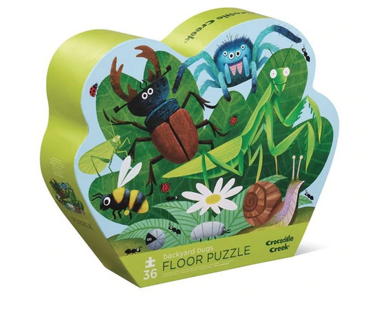 Green and blue shaped box with illustrations of some of the backyard bugs featured in the puzzle.