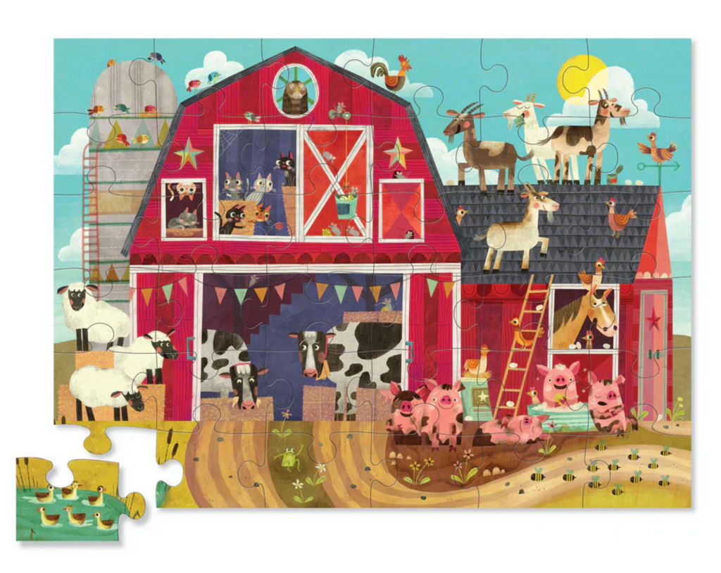 Completed 36 piece puzzle with illustration of farm animals in and around a barn.