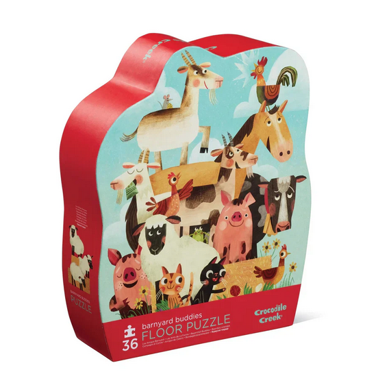 Shaped puzzle box with illustrated cover art of friendly animals. 