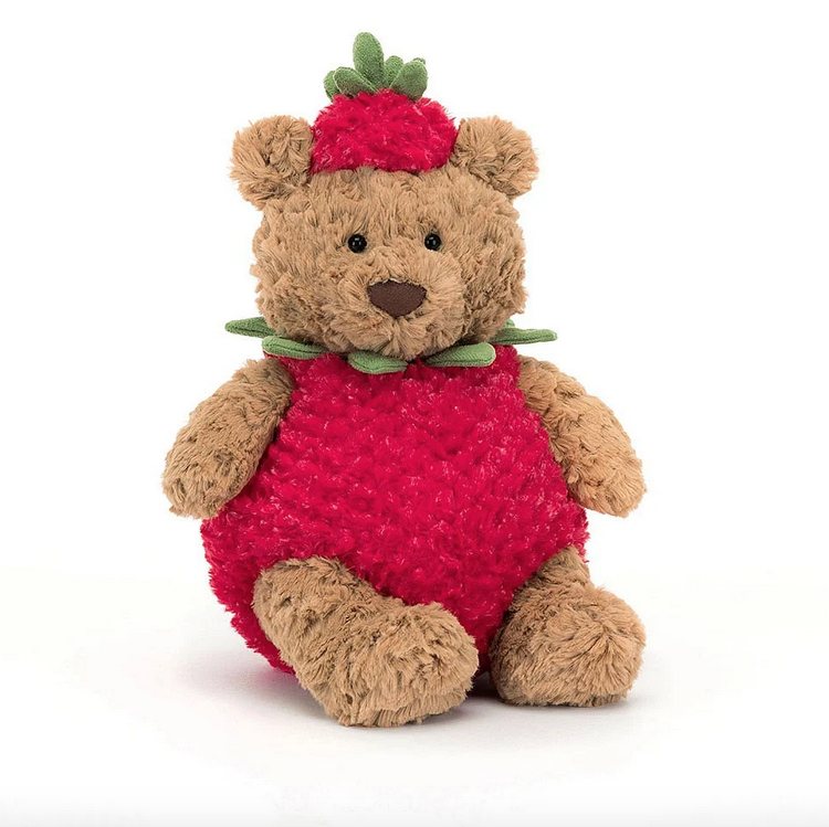 Bartholomew Bear with a strawberry cap and body suit. 
