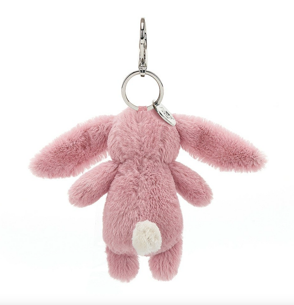 View from the back of the plush tulip bunny bag charm