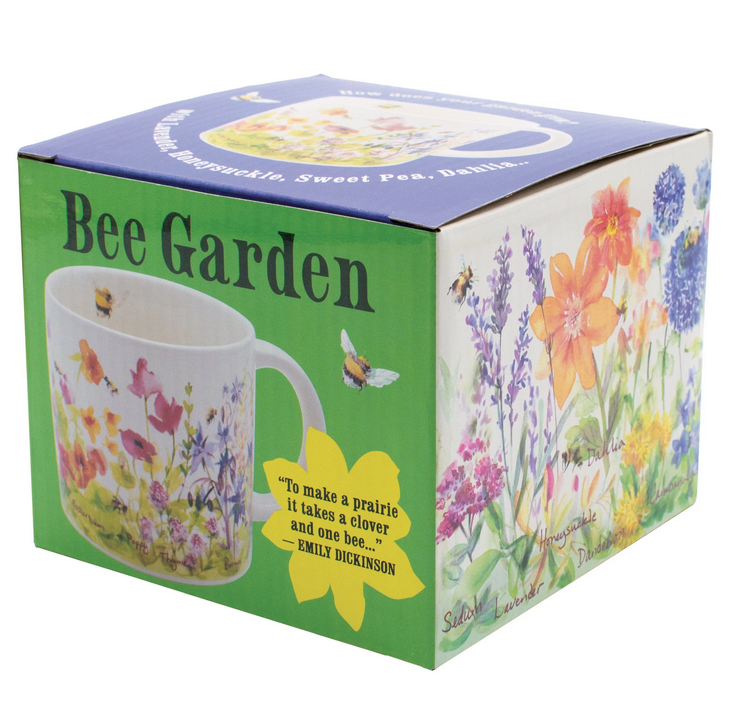 Box with a picture of the Bee Garden Mug and flowers on the sides of the box.