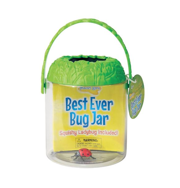 Clear wide mouth bug jar with green leaf shaped top and handle. 