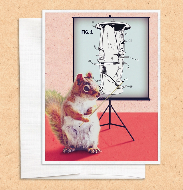 Illustrated greeting card with a squirrel and a diagram of a birdfeeder.