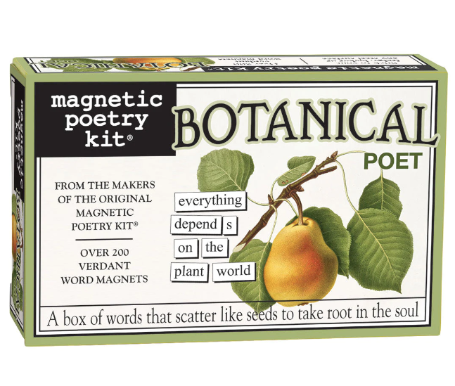 Box with illustrations of a ripe pear on a fruit tree branch with an example poem that can be made using the  Botanical Poet Kit.