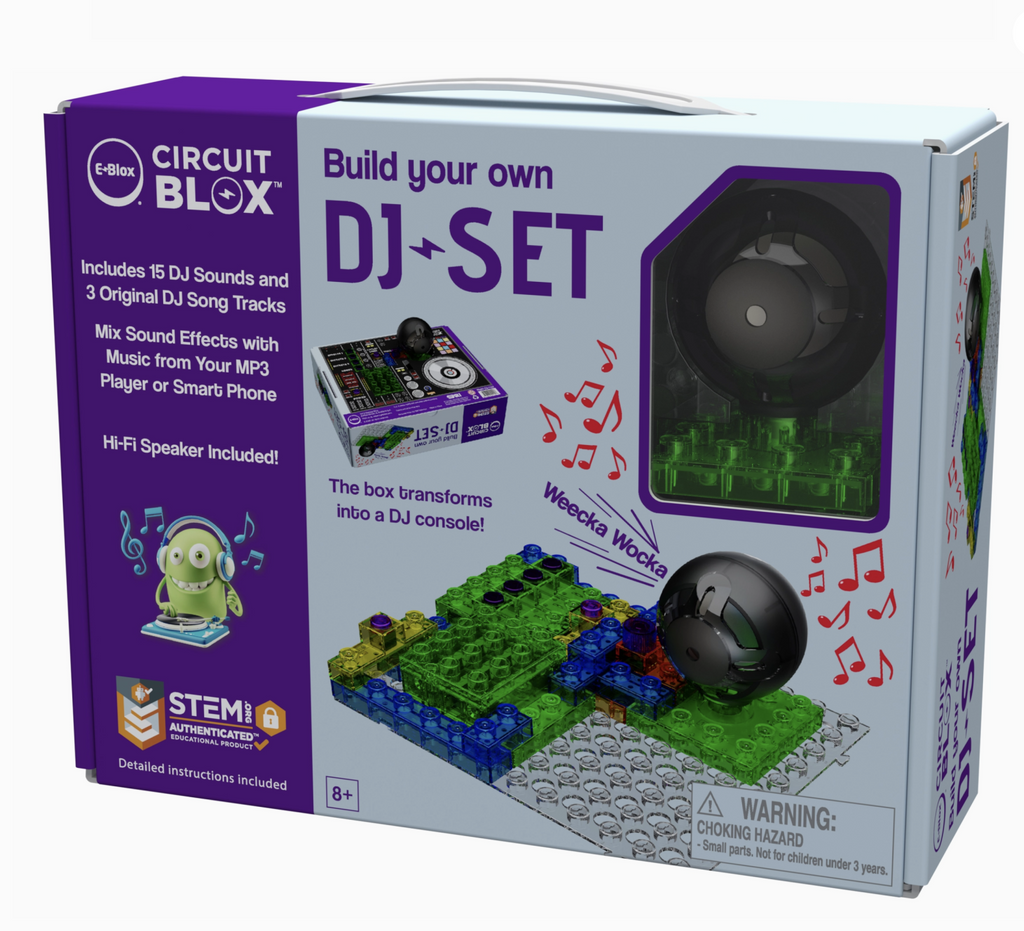 Build Your Own DJ Set Circuit Blox. Mix sound effects with music from your MP3 player or smart phone wirelessly. Includes 15 DJ sounds and 3 DJ song tracks. Now you can DJ your own dance party! STEM authenticated. The box transforms into a DJ console! Ages 8 and up.