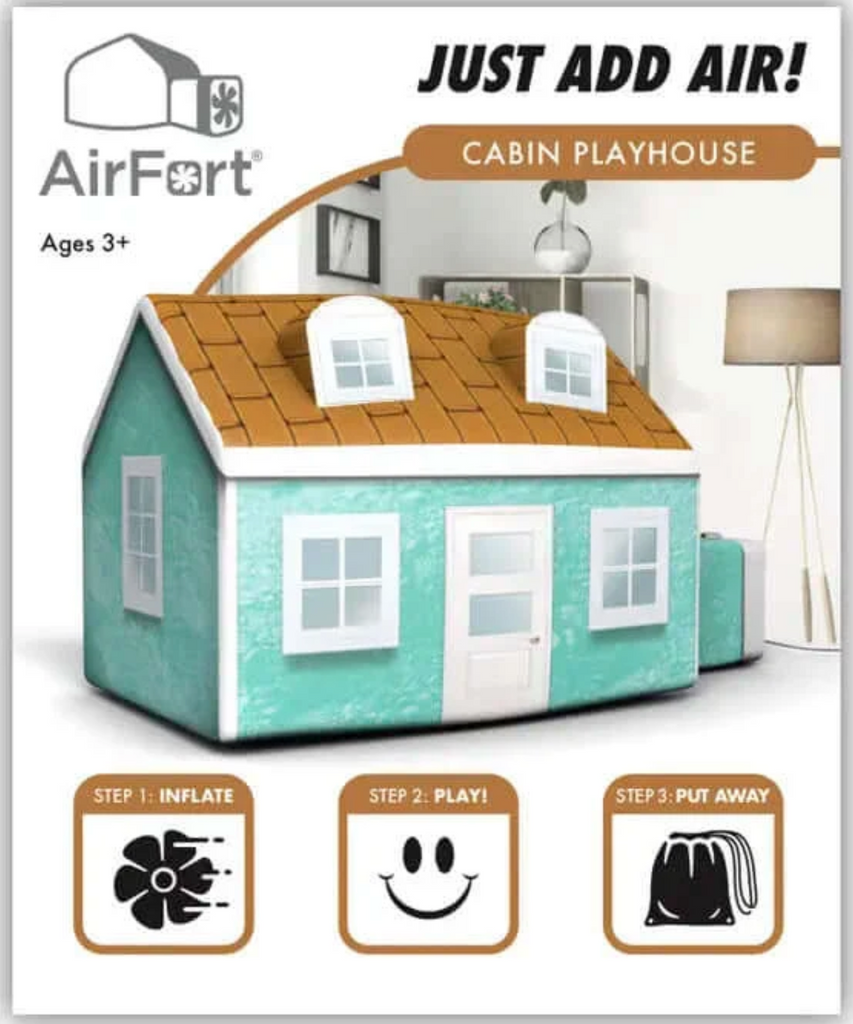 Front of box with picture of the Cabin Airfort inflated and graphics showing you use a box fan to inflate and that it comes with a storage bag.