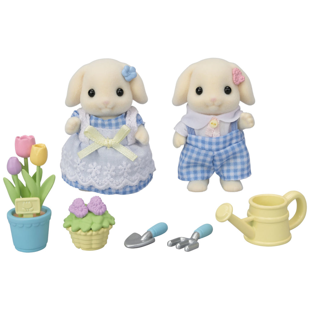 Flora Rabbit brother and sister with yellow watering can, garden tools and flowers.