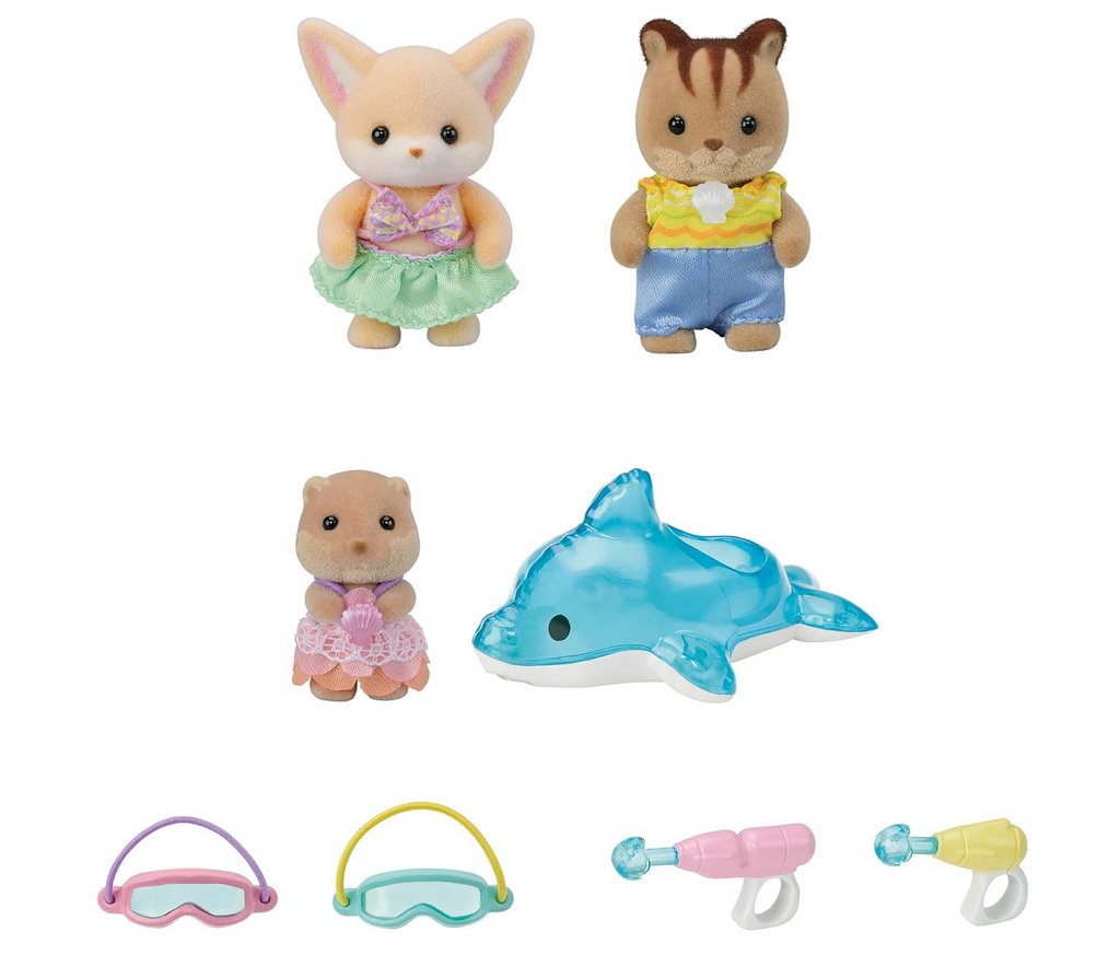 Three Calico Critters baboes wearing bathing suits, an inflateable dolphin pool toy, goggles and water guns. 