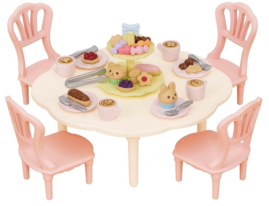 Table and chairs furniture set with coffees, cakes, and many other sweet treats.