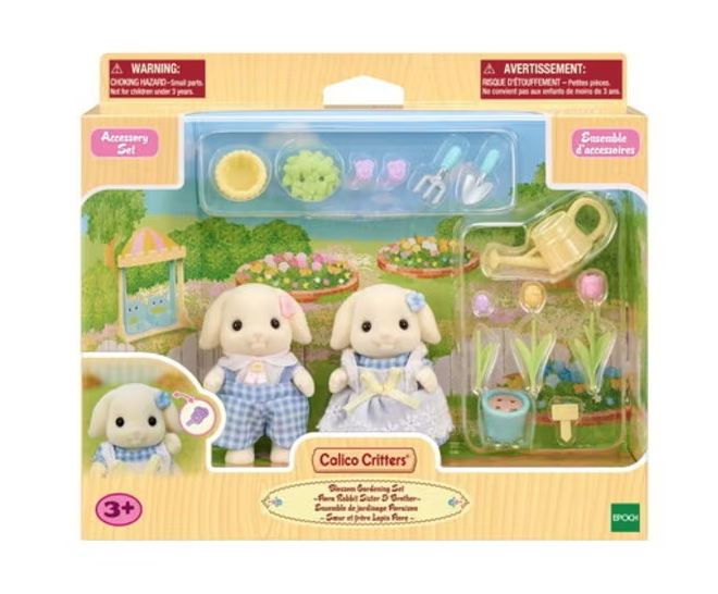 Box with clear plastic window to show the Calico Critters Flora Rabbit brother and sister with all the gardening accessories.