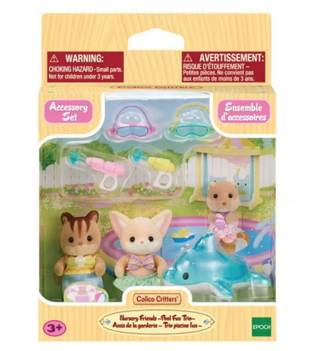Tan box with clear plastic window showing the three Calico Critters babies in their bathing suits with the dolphon pool toy, goggles and water guns. 
