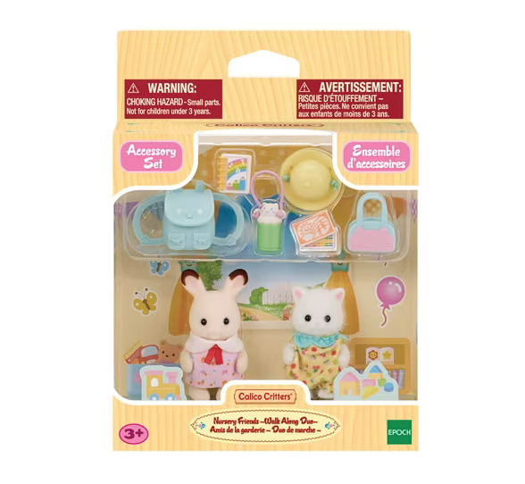 Nursery Friends Walk Along Duo Calico Critters in a box with clear window that shows the critters and accessories included in this set.
