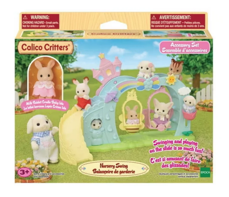 Box with pictures of Calico Critters swinging on the yellow and pink swings, sliding down the slide and climbing all over the Nursery Swing set. 