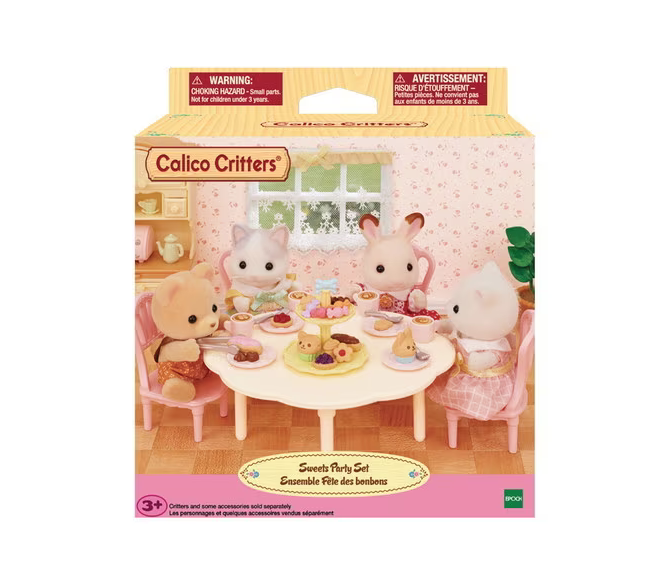 Box with picture featuring the Sweets Party Set in use with Calico Critters sitting around the table having a tea party.