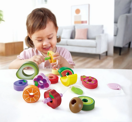 Caterpillar Fruit Feast Set includes two caterpillars on strings and 13 pieces of fruit for them to nibble through! Encourage dexterity and fine motor skills and allow for fun creative play.