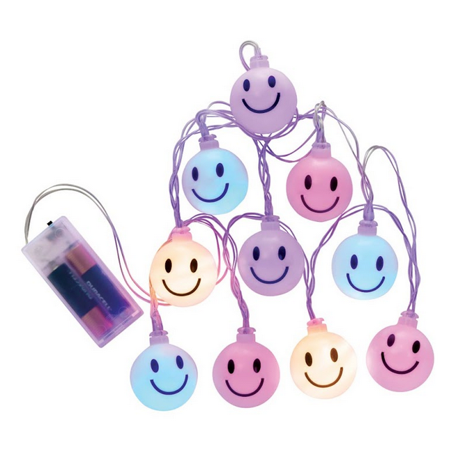 The Choose Happy Happy Face String Lights out of the package and lit up showing the pink, purple, blue and off white colors. 