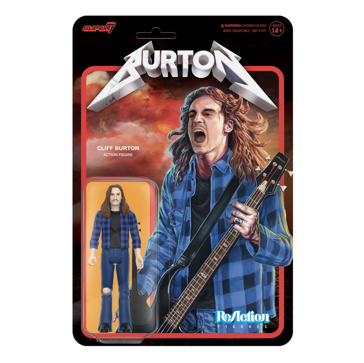 Cliff Burton action figure packaged in clear plastic with backing card that is illustrated with image of Cliff playing his bass.