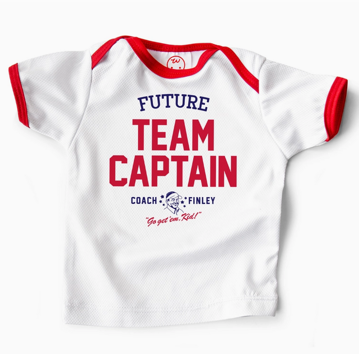 White mesh with red piping sports jersey that reads "Future Team Captain"