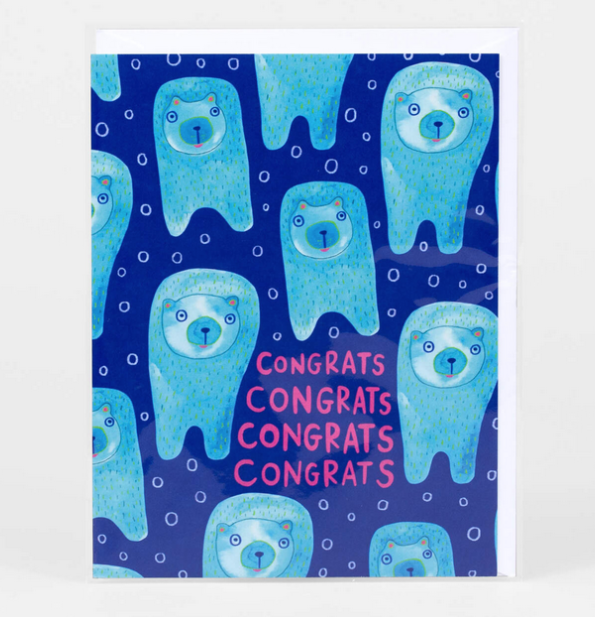 Greeting card with illustration o fblue bears on the front and "congrats" repeated four times.