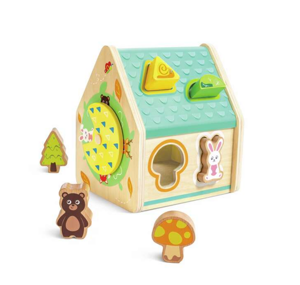 A cute little wooden house with various shaped and sized holes to fit the animal figures and shapes through.