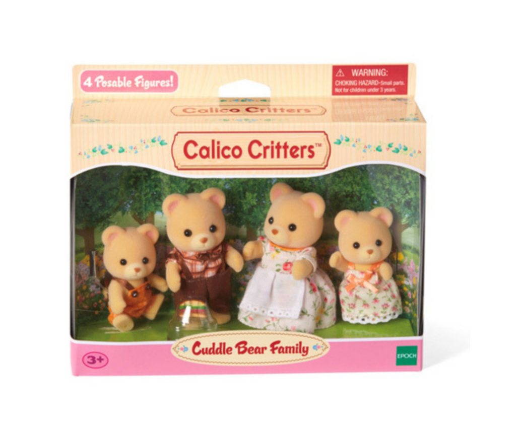 Calico Critters Cuddle Bear Family figures in their display box.