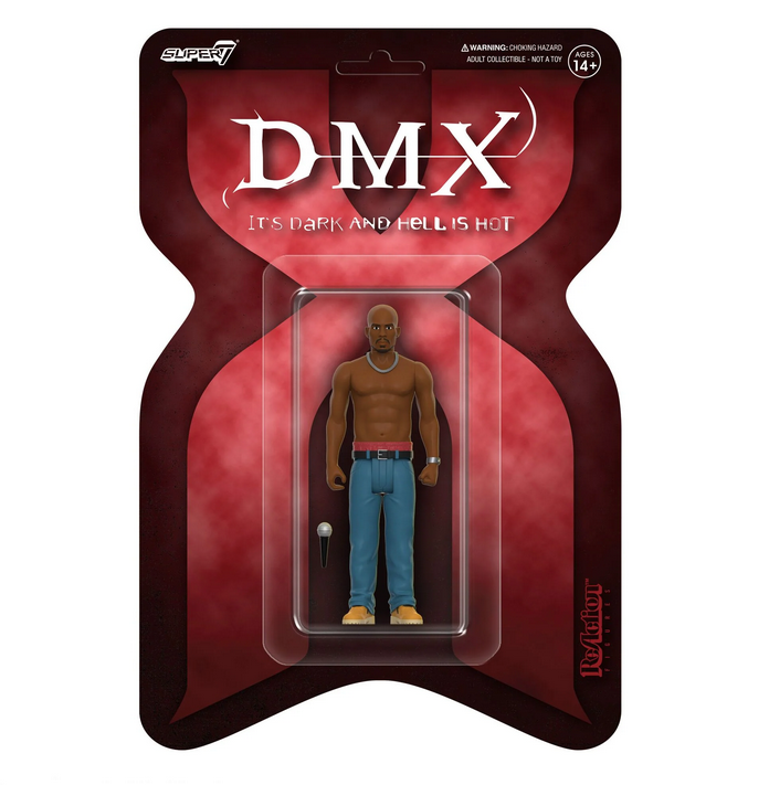 DMX action figure packaged in clear plastic on backing card inspired by album cover "It's Dark and Hell is Hot"