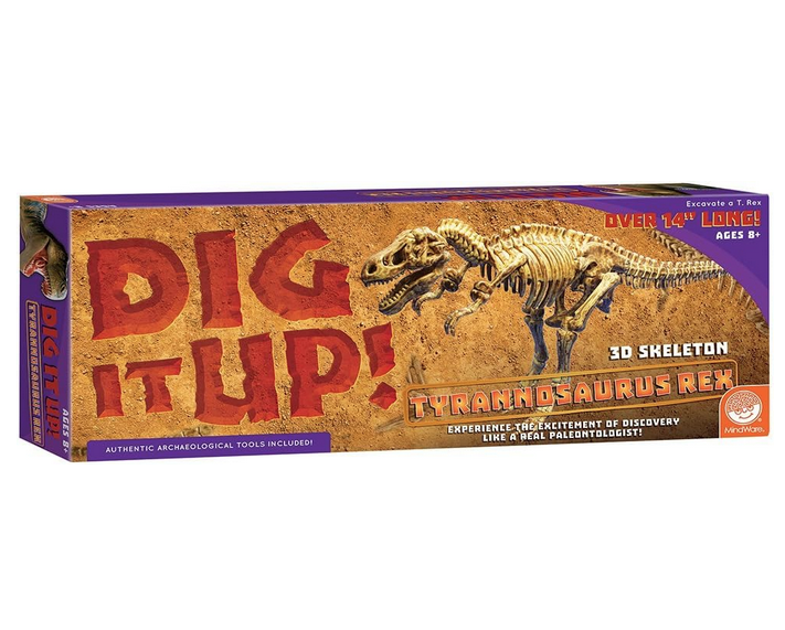 Purple and tan box with T Rex skeleton and big red letters that read "Dig It Up! "