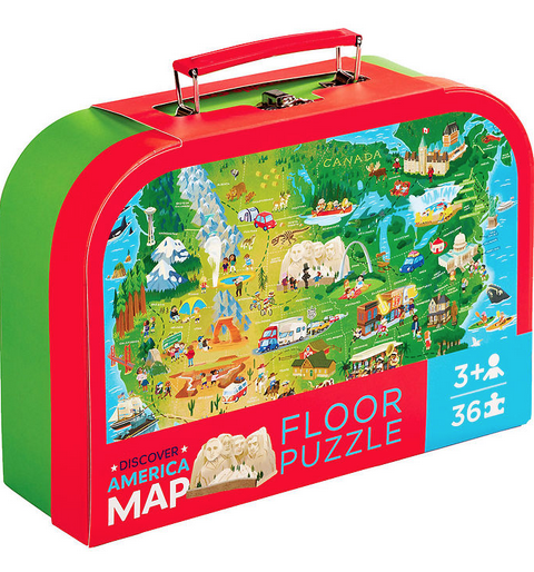 Red and green with red handle storage case with image of the Map of America puzzle image on the front.