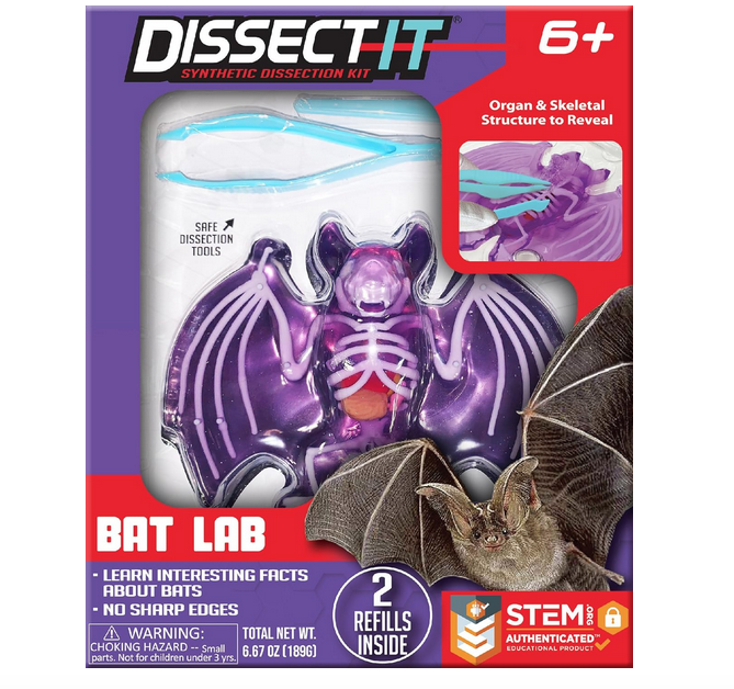 Dissect It Bat in a purple and red box with clear window showing the bat skeleton, purple gelatin and organs. 