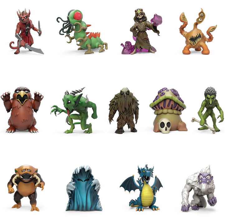 The 13 mini monster figurines from the Dungeons and Dragons blind box series 2 collection.