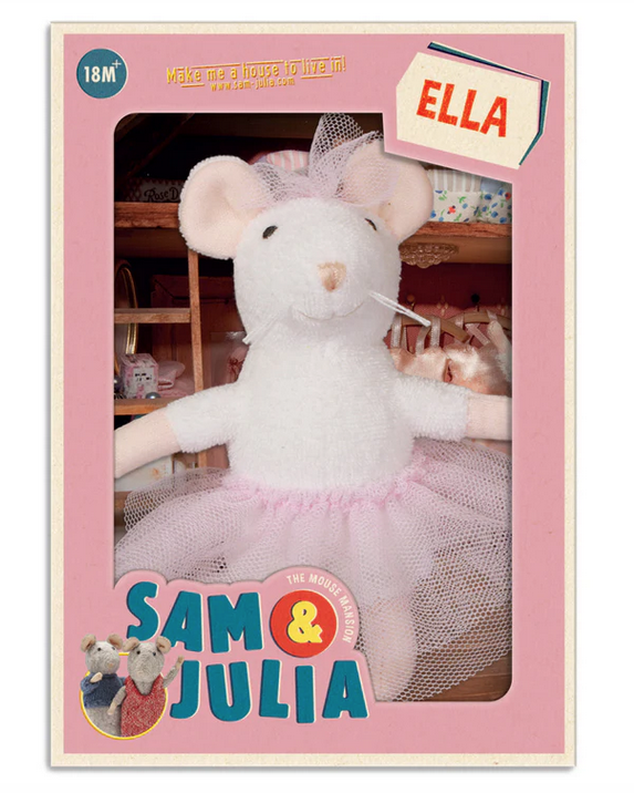 Plush Ella mouse wearing a pink tutu packaged in an open box.