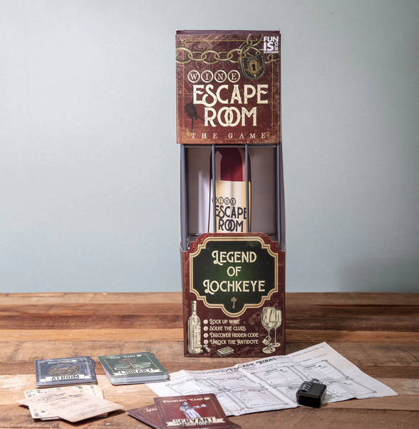 Bottle cage, padlock and clue cards for the Wine Escape Room Game Legend of Lochkeye.