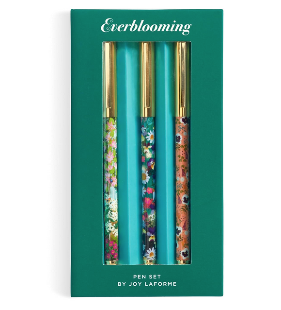 Set of 3 floral pens in a green box.