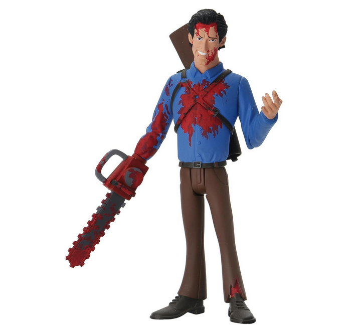 Ash from Evil Dead 2 figure out of the package with his chainsaw arm and shotgun strapped to his back 